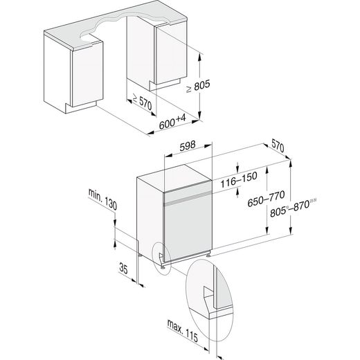 Miele Semi Integrated Standard Dishwasher - Stainless Steel with Fixed Door Fixing Kit - Annotation - Dimension shot